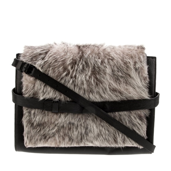 Zero + Maria Cornejo Crossbody Bag Black Leather Animal Print Faux Fur Trim